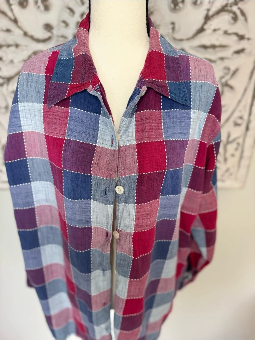 DressBarn Woman 1X Patchwork Plaid Button Front Shirt | 100% Cotton